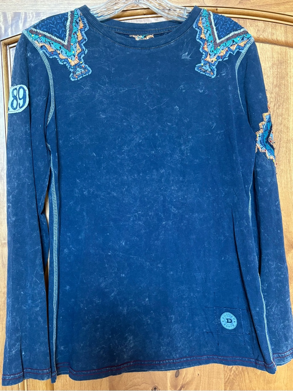 Double D Ranch Long-Sleeve Mottled Navy Blue Embroidered Top